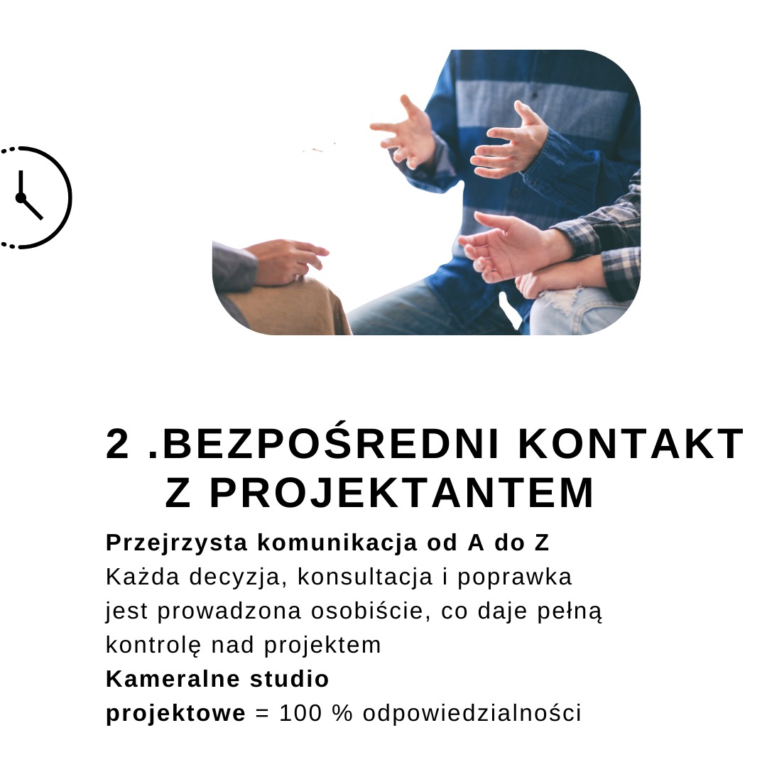 Fragment grafiki reklamowej: Bezpośredni kontakt z projektantem, przedstawiający zbliżenie na dłonie osób podczas rozmowy, sugerujący konsultacje projektowe.