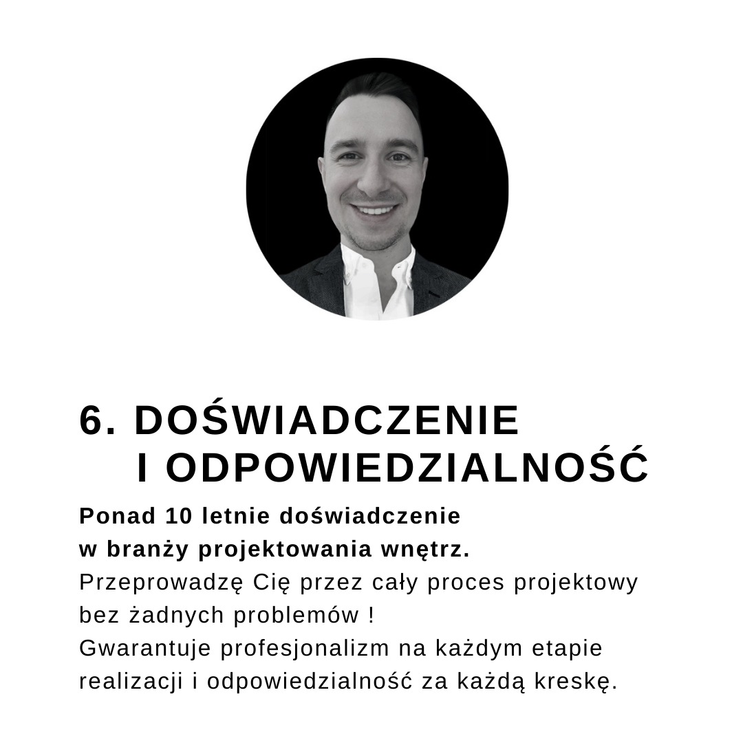 Zdjęcie profilowe uśmiechniętego mężczyzny w marynarce, z tekstem o doświadczeniu w projektowaniu wnętrz i gwarancji profesjonalizmu.