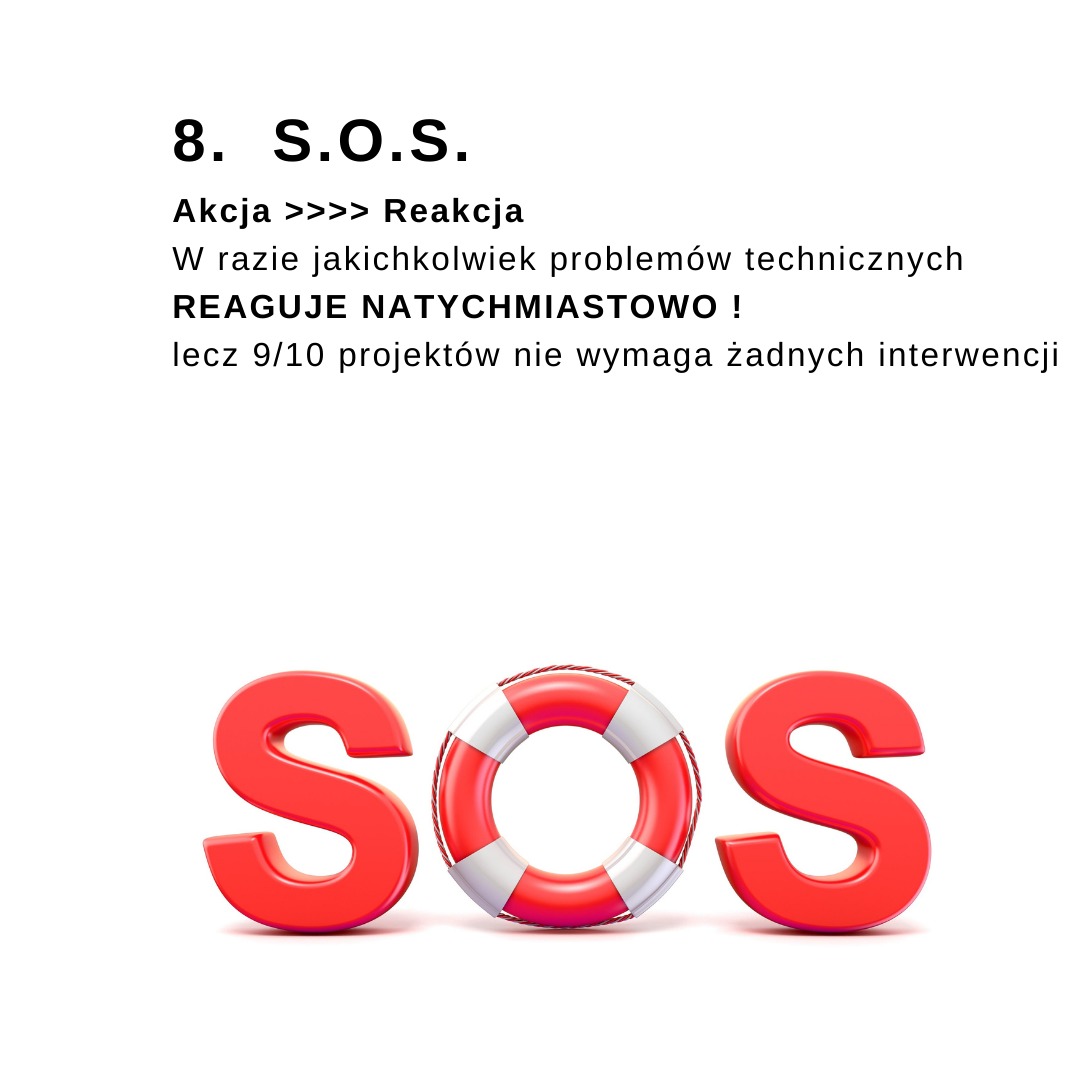 Grafika z czerwonym napisem 'SOS', gdzie litera 'O' zastąpiona jest kołem ratunkowym z czerwono-białymi pasami, sugerująca szybką reakcję na problemy techniczne.