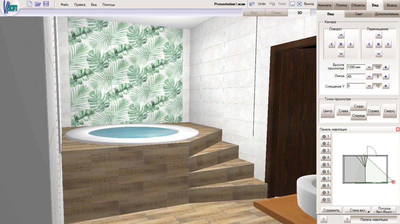 Wizualizacja 3D łazienki z wanną jacuzzi na podwyższeniu wykończonym płytkami imitującymi drewno, ściana z wzorem liści palmowych, widok z programu do projektowania wnętrz.