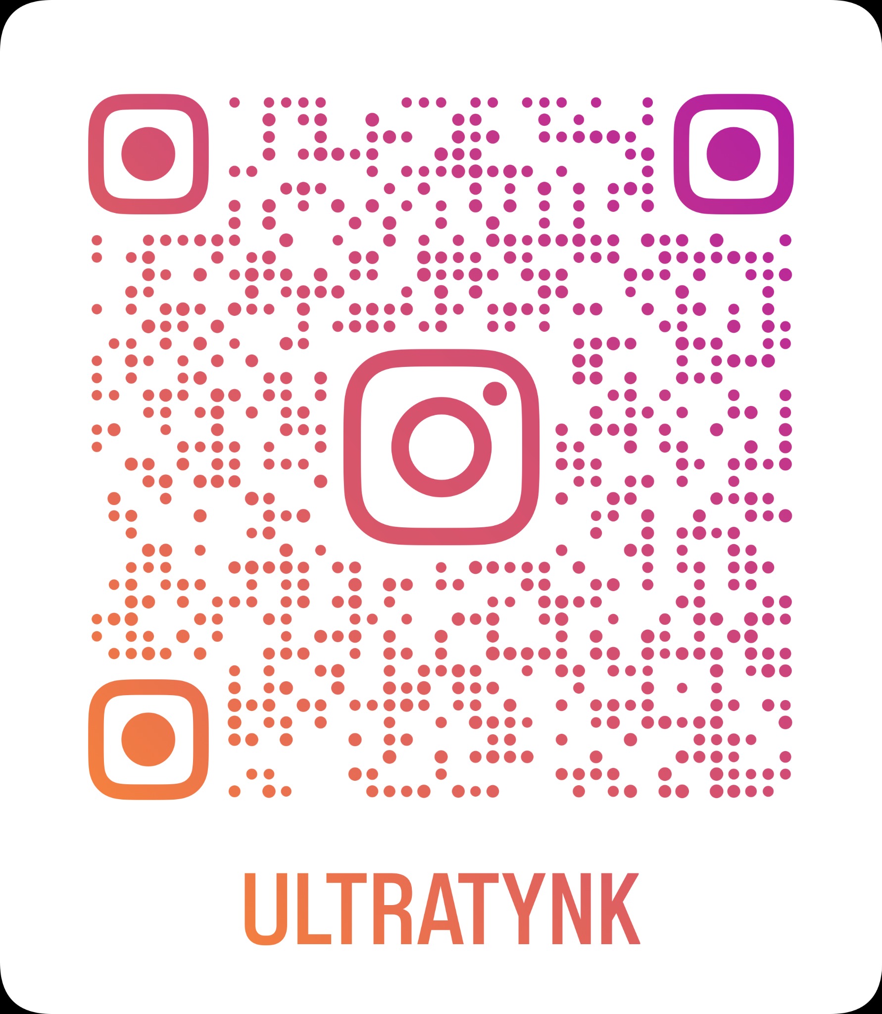Gradientowy kod QR z logo Instagrama w rogach i na środku, nazwa firmy 'ULTRATYNK' u dołu.