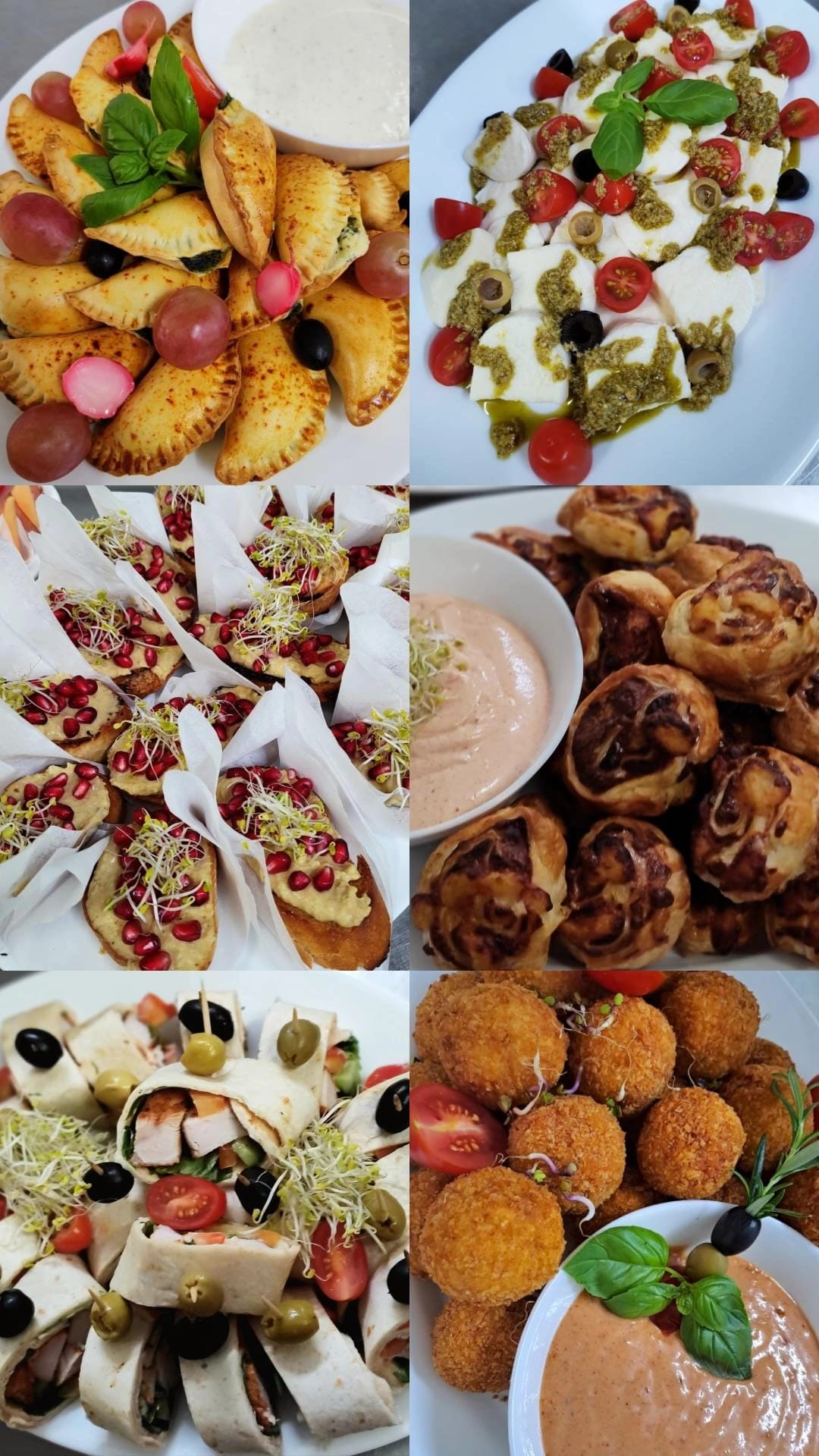 Kolaż z sześciu zbliżeń na różnorodne przekąski na białych talerzach: empanadas z winogronami, mozzarella z pesto i pomidorkami, grzanki z hummusem i granatem, roladki z ciasta francuskiego...