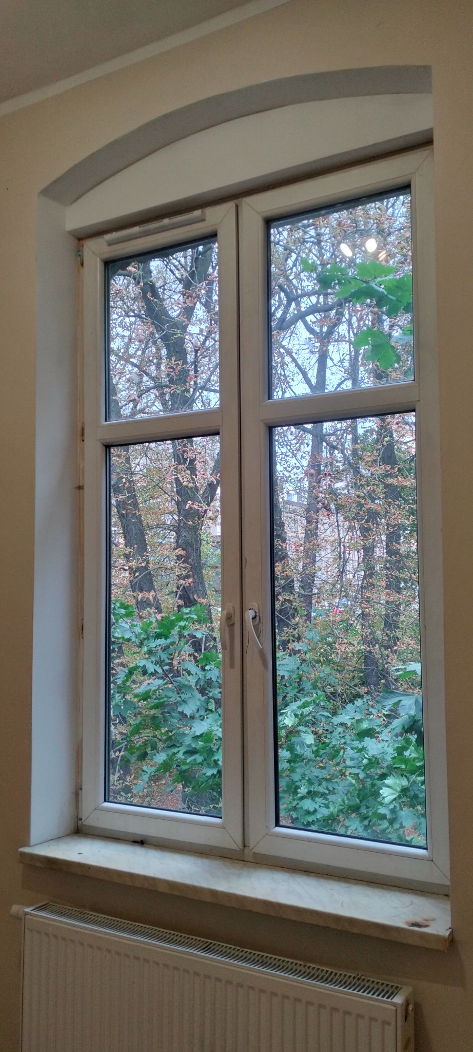 Białe, dwuskrzydłowe okno z zaokrąglonym łukiem u góry, widok na drzewa z zielonymi liśćmi, marmurowy parapet i biały grzejnik.