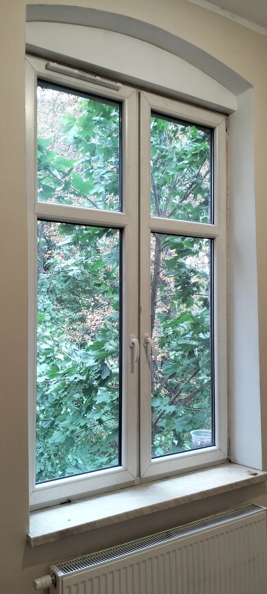 Białe, dwuskrzydłowe okno PCV z zaokrąglonym górnym łukiem, widok na drzewa, biały parapet z drobnymi zabrudzeniami i grzejnik żeberkowy pod nim.