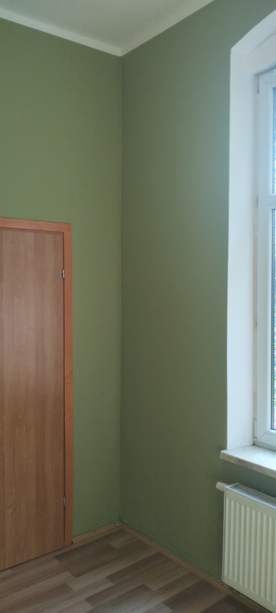 Ściana pomalowana na oliwkowy kolor, drewniane panele podłogowe, białe okno i grzejnik, widok na róg pokoju z drzwiami po lewej stronie.