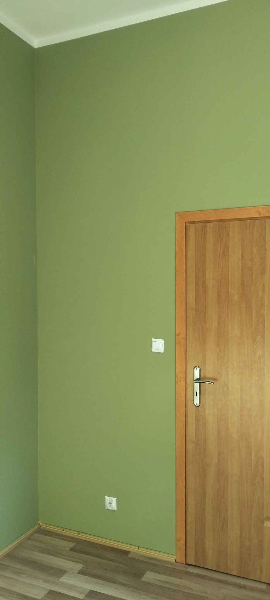 Świeżo pomalowany pokój w odcieniach zieleni, z jasnymi panelami podłogowymi i drewnianą ościeżnicą drzwiową. Widoczny włącznik światła i gniazdko elektryczne.