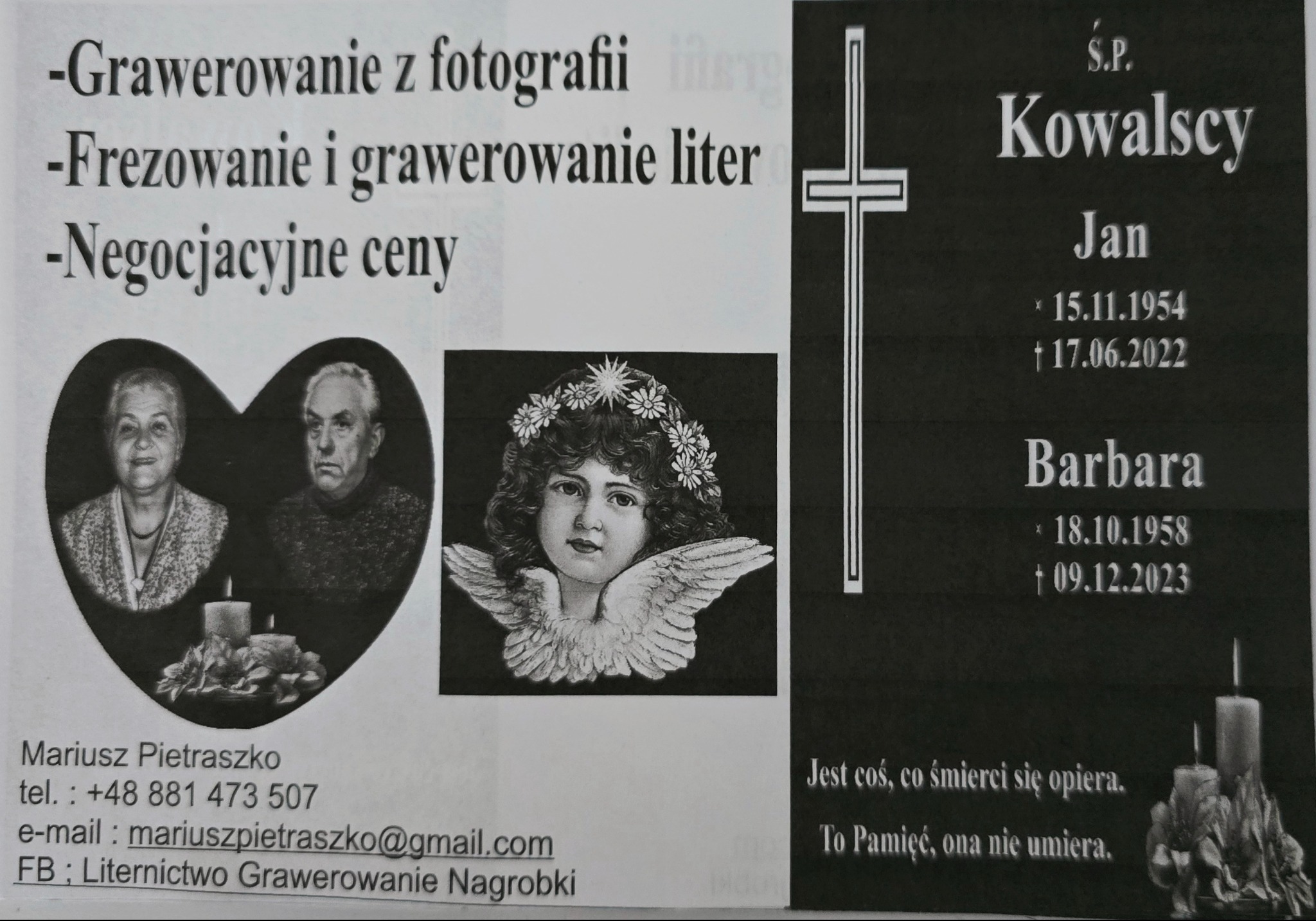 Reklama usług kamieniarskich: grawerowanie z fotografii, frezowanie i grawerowanie liter, z przykładami portretów wygrawerowanych na nagrobkach oraz danymi kontaktowymi firmy.