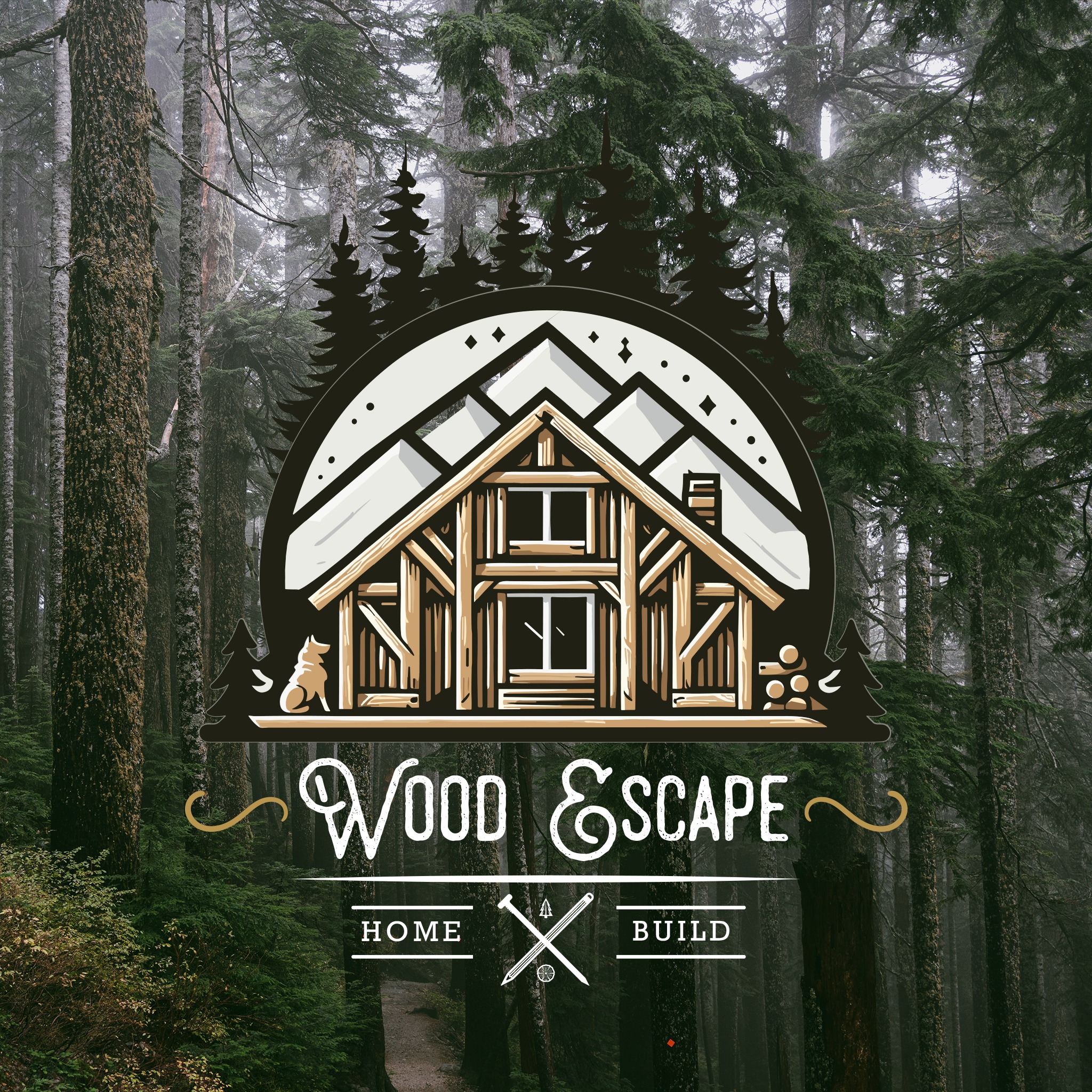 Ilustracja domu z bali w lesie, logo firmy Wood Escape, stylizowany krajobraz górski w tle.