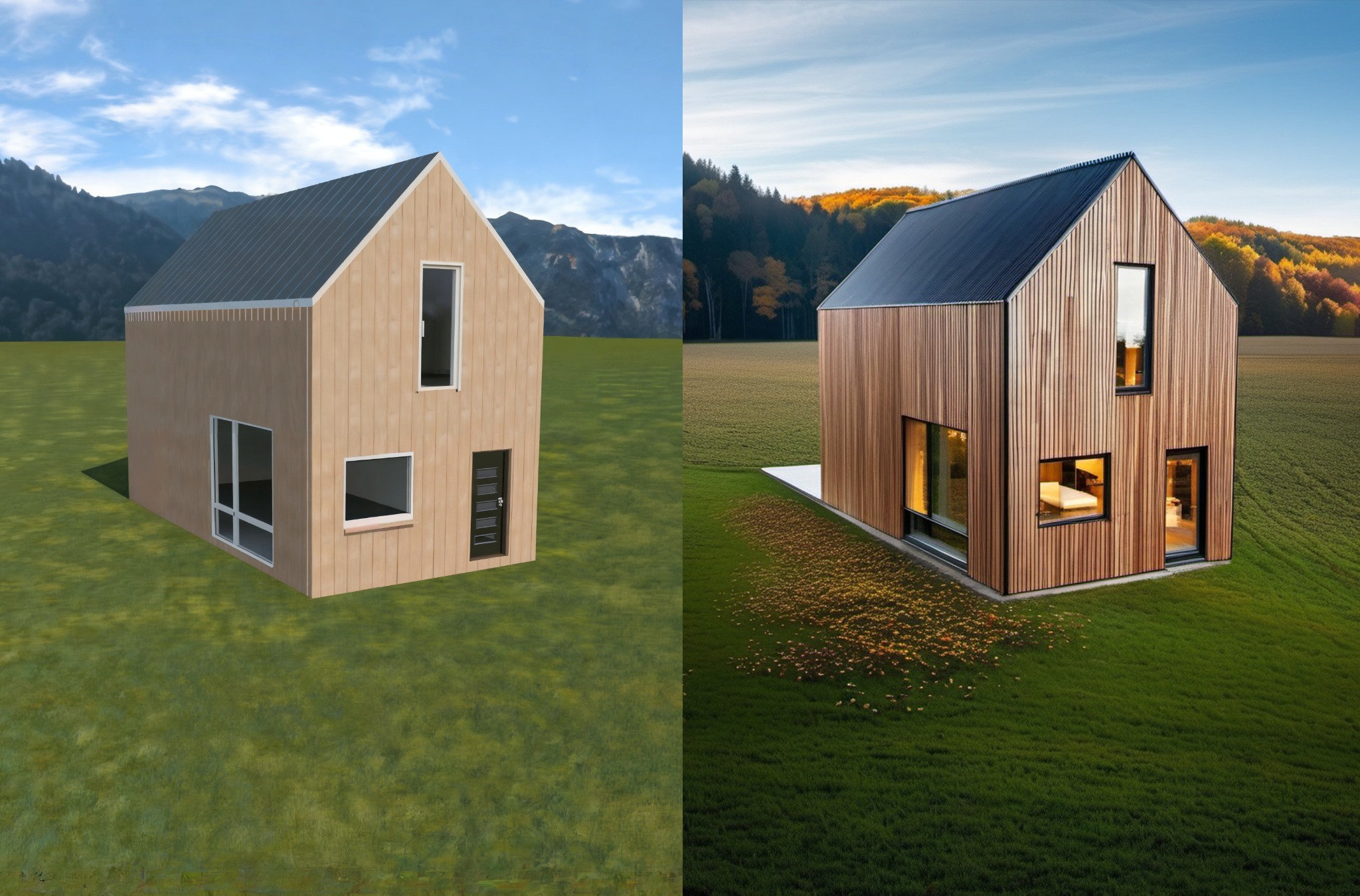 Porównanie dwóch wizualizacji zewnętrznych nowoczesnego, prostokątnego domu z drewnianą elewacją i ciemnym dachem: po lewej stronie wizualizacja 3D z prostym tłem, po prawej bardziej realistyczna...