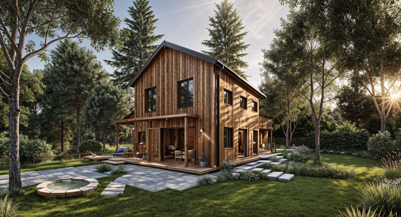 Dwukondygnacyjny dom z drewna z czarnym dachem, otoczony zielenią, z widocznym tarasem i jacuzzi na zewnątrz, oświetlony popołudniowym słońcem.