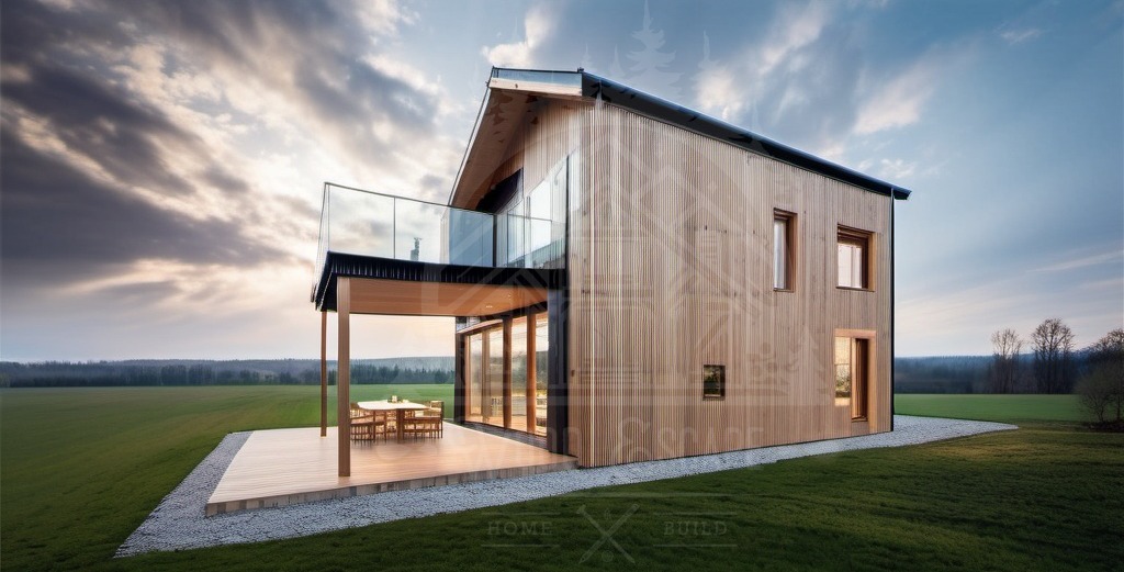 Nowoczesny dom z drewnianą elewacją, przeszklonym balkonem i tarasem z widokiem na rozległe pola, oświetlony zachodzącym słońcem.