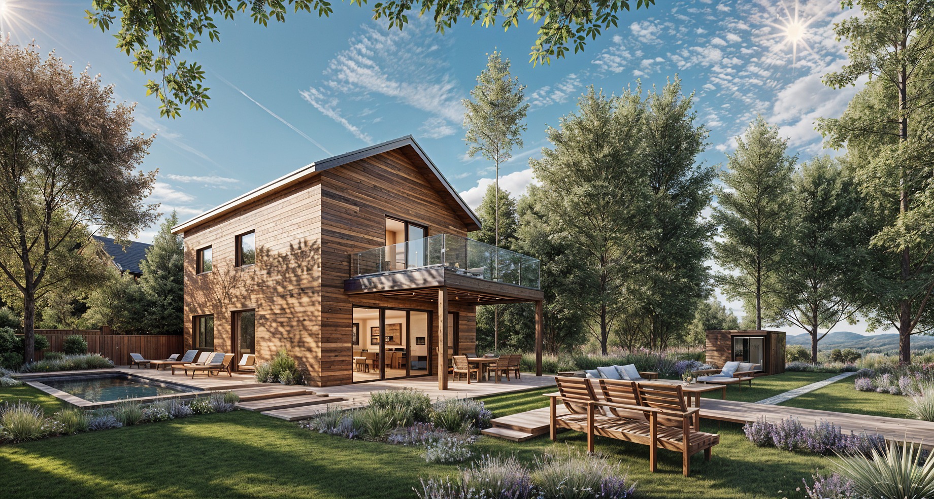 Nowoczesny dom szkieletowy z drewnianą elewacją i tarasem z balustradą ze szkła, otoczony zielonym ogrodem z basenem i drewnianymi ścieżkami, oświetlony popołudniowym słońcem.