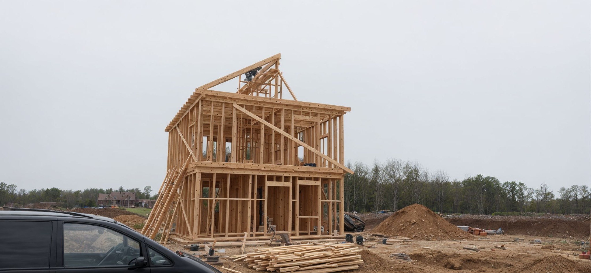 Wznoszenie dwukondygnacyjnej konstrukcji szkieletowej domu z drewna na placu budowy, widoczny fragment czarnego samochodu i stos drewna. Pracownik na dachu. Pochmurne niebo.