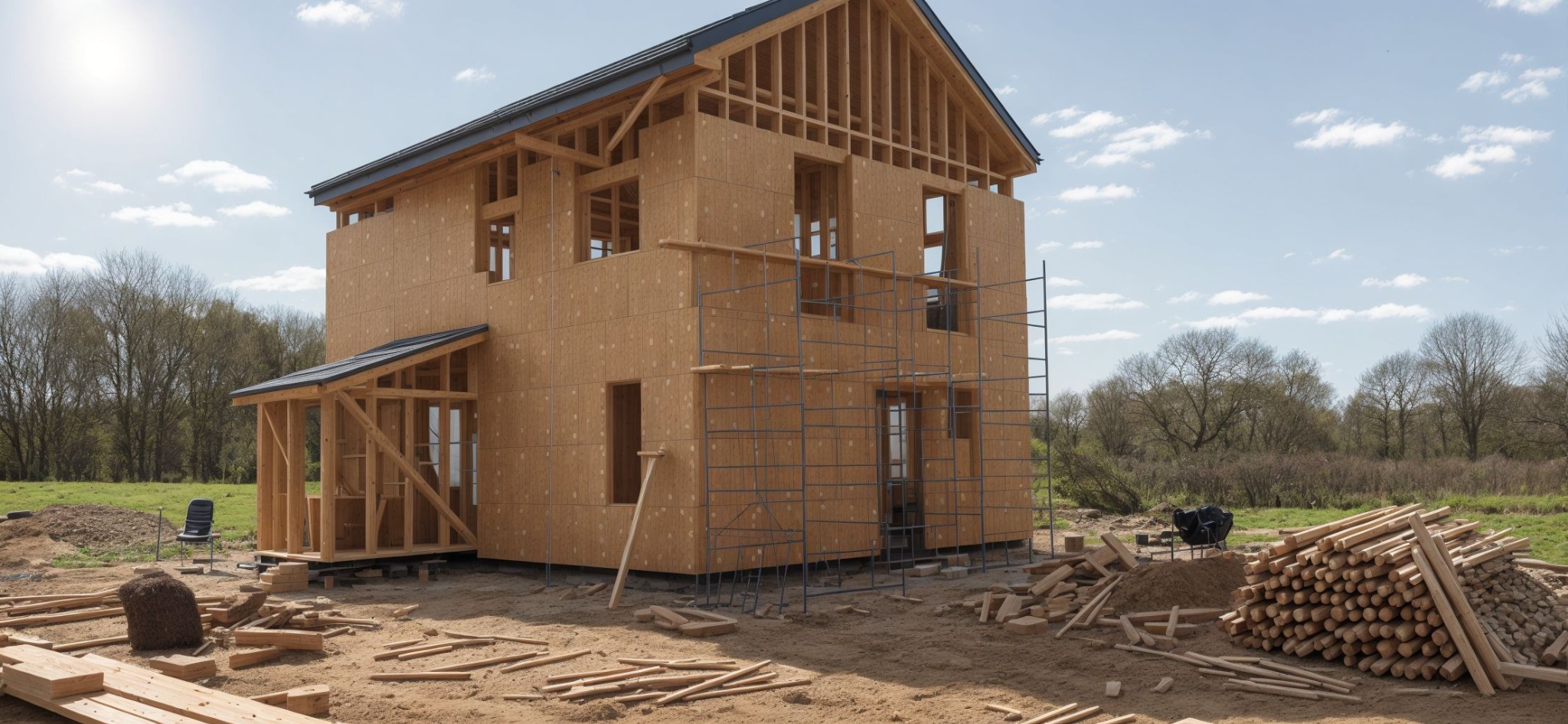 Wznoszenie dwukondygnacyjnego domu z drewnianą konstrukcją szkieletową, widoczne rusztowania i stos drewna na placu budowy.