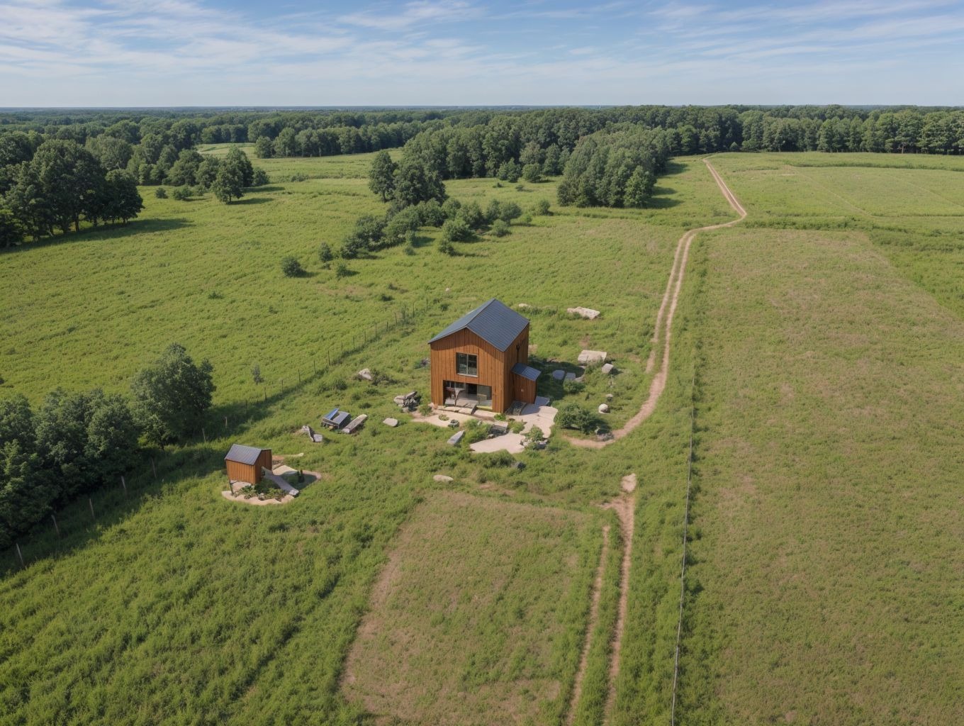 Nowoczesny, drewniany dom z ciemnym dachem, otoczony rozległym polem i lasem w oddali, widziany z lotu ptaka, z małą chatką i kamieniami dekoracyjnymi w pobliżu.