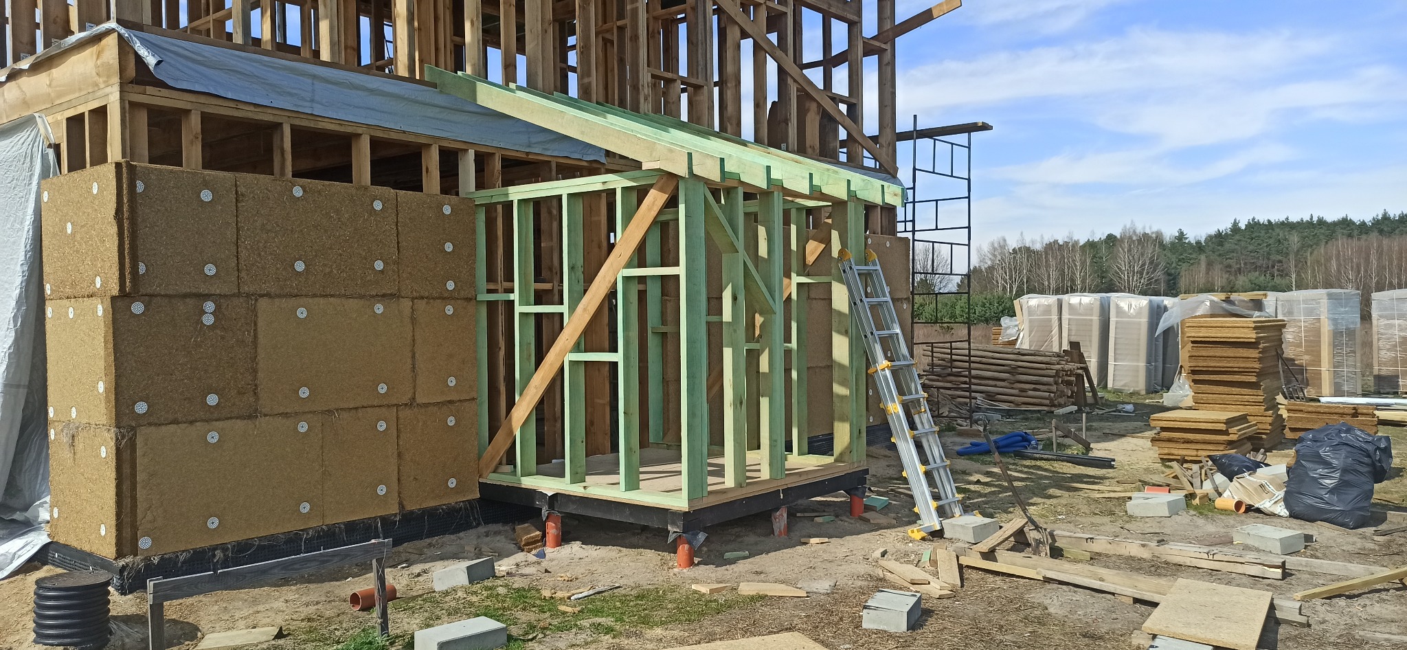 Budowa domu szkieletowego w trakcie realizacji: widoczne ściany z izolacją z płyt włókien drzewnych, drewniana konstrukcja oraz drabina oparta o budynek, w tle las.