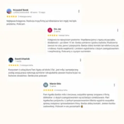 Zrzut ekranu z pozytywnymi opiniami klient&oacute;w o usługach księgowych, podkreślających profesjonalizm, sumienność i dobry kontakt.