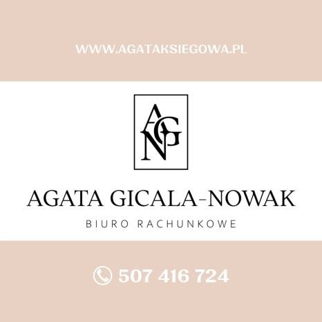 Logo biura rachunkowego Agata Gicala-Nowak z monogramem AG w ramce, adresem strony internetowej i numerem telefonu na beżowym tle.