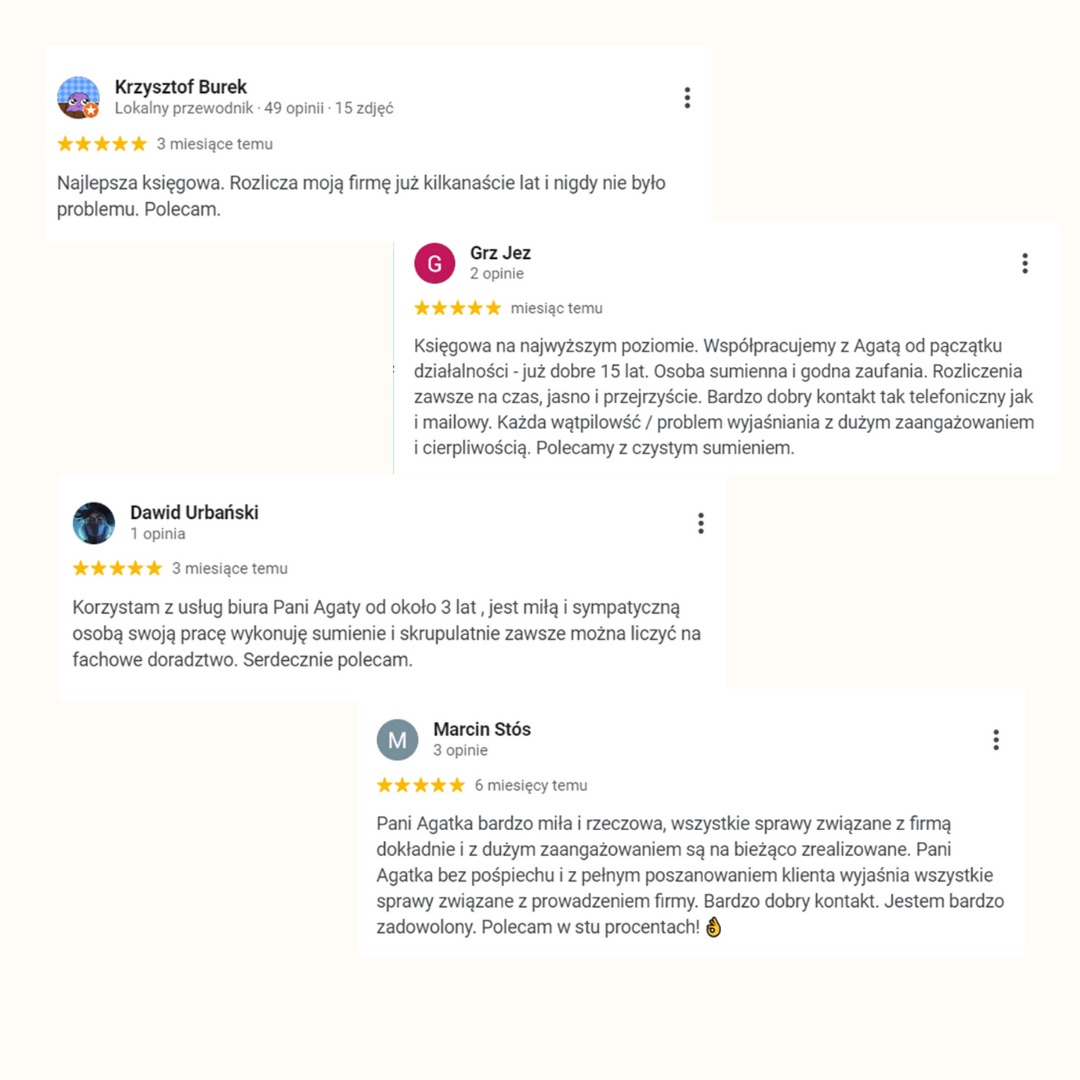 Zrzut ekranu z pozytywnymi opiniami klientów o usługach księgowych, podkreślających profesjonalizm, sumienność i dobry kontakt.