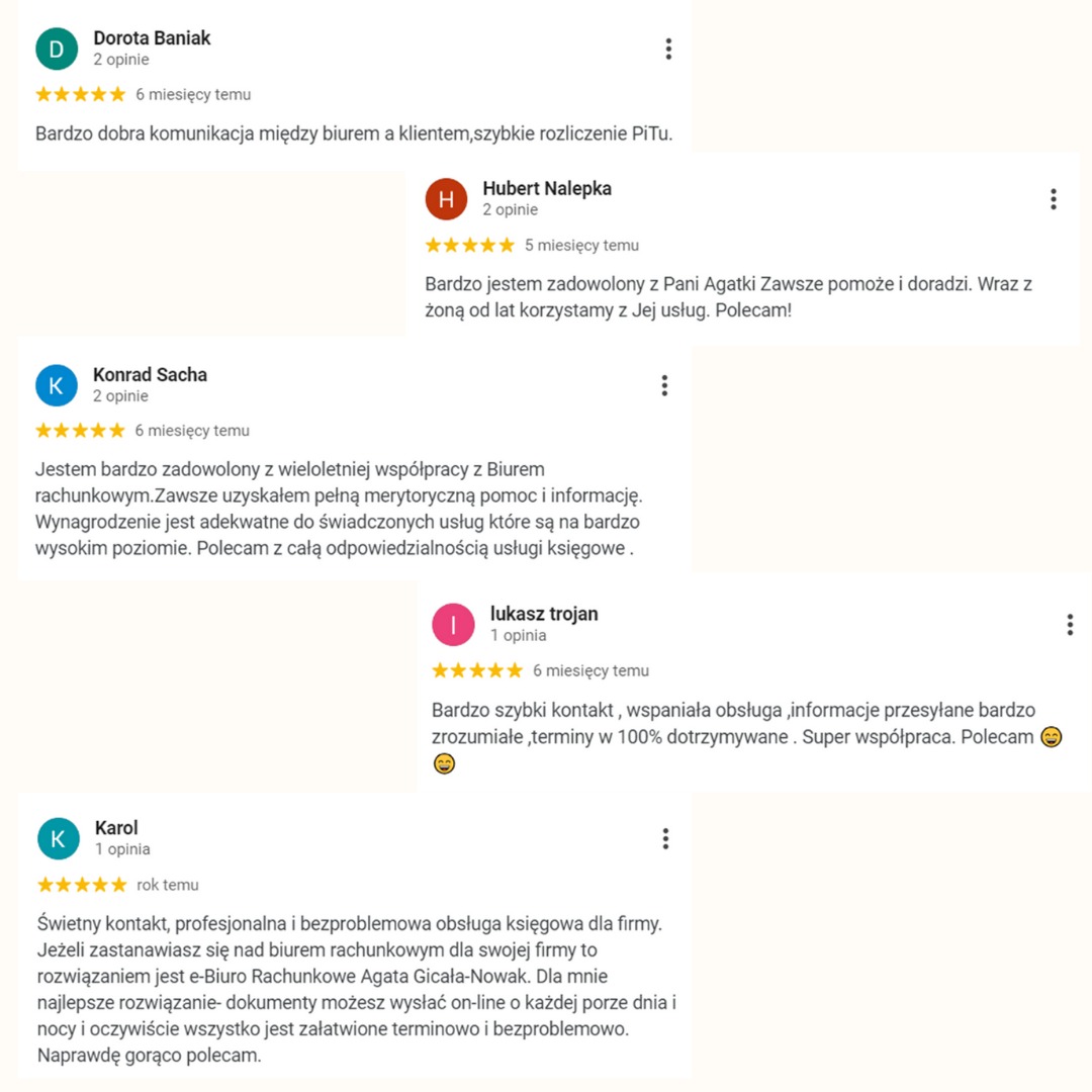 Zrzut ekranu z pozytywnymi opiniami klientów o biurze rachunkowym, widoczne gwiazdki oceny i pochlebne komentarze dotyczące komunikacji, obsługi i terminowości.