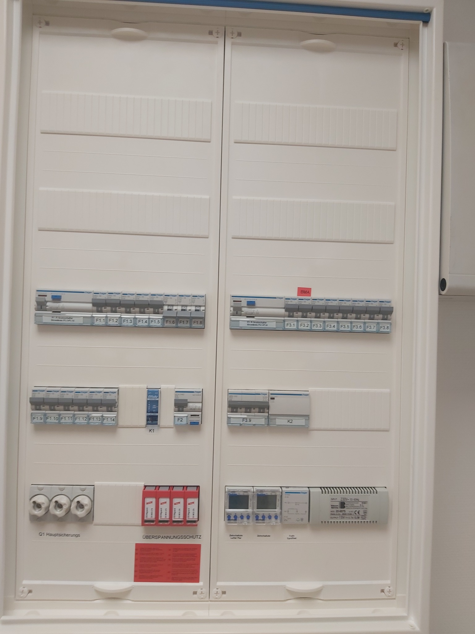 Szczegółowe ujęcie białej skrzynki rozdzielczej z bezpiecznikami, wyłącznikami i zabezpieczeniami przepięciowymi, widoczne opisy i oznaczenia poszczególnych elementów.