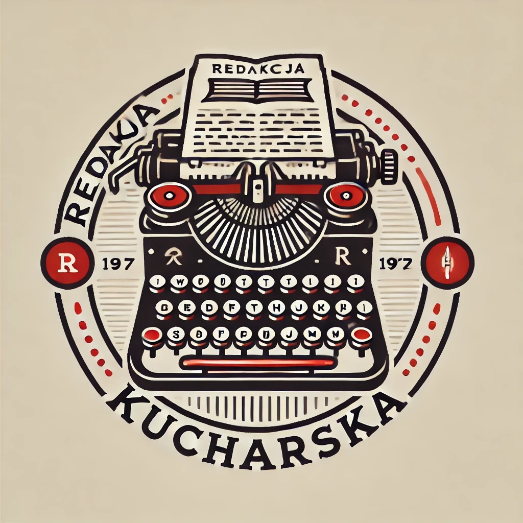 Stylizowany logotyp przedstawiający maszynę do pisania z napisem 'Redakcja' na kartce, otoczoną okręgiem z napisem 'Redakcja Kucharska', z elementami graficznymi w kolorze czerwonym i czarnym...