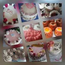Kolaż z dziewięciu zdjęć przedstawiających różnorodne ciasta i babeczki, w tym torty urodzinowe z owocami i dekoracjami, babeczki czekoladowe z posypką orzechową oraz małe babki z lukrem.