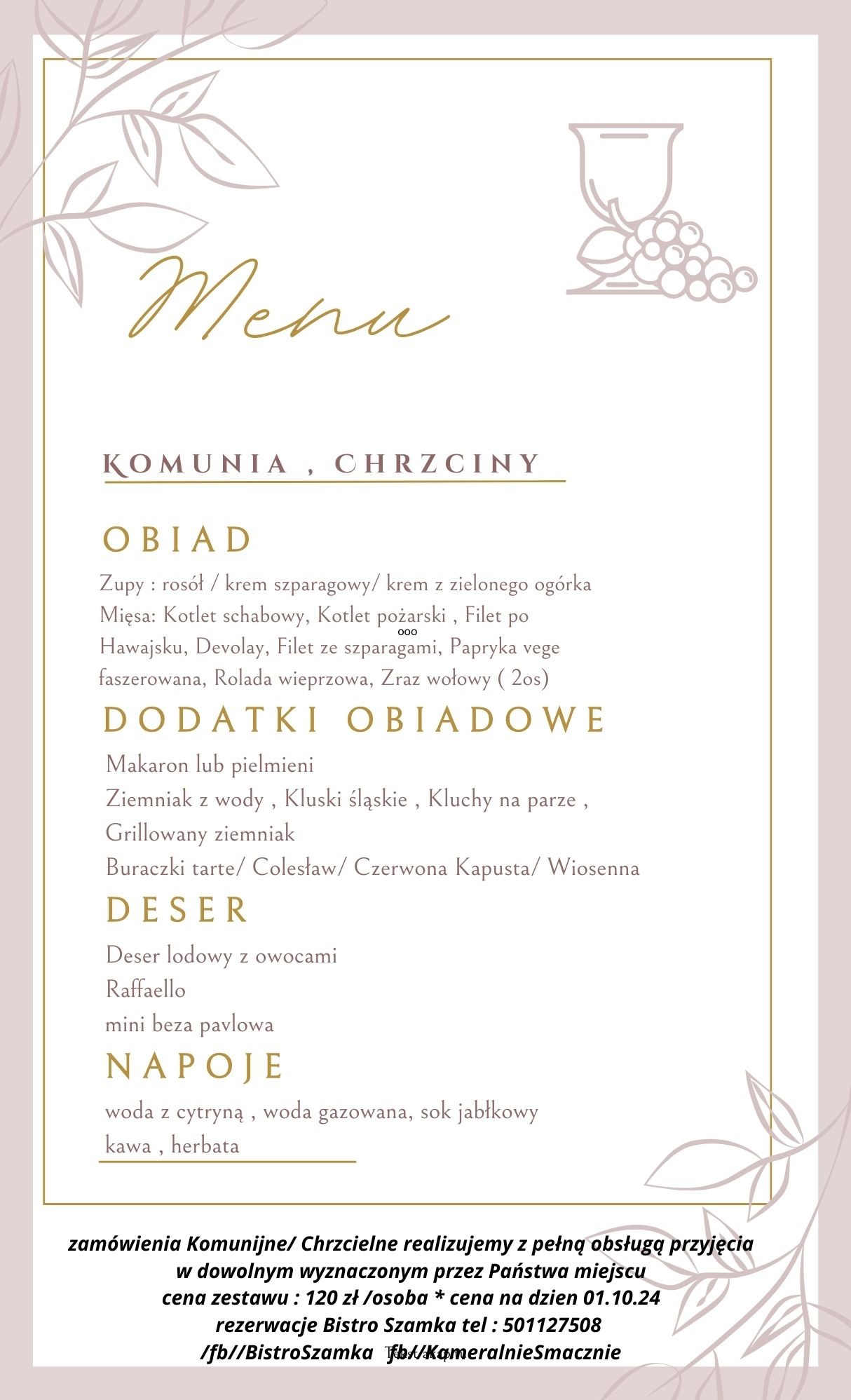 Eleganckie menu komunijne i chrzcielne z ofertą dań obiadowych, dodatków, deserów i napojów, oferowane przez firmę z Łowynia, z informacją o cenie zestawu i kontaktem telefonicznym.