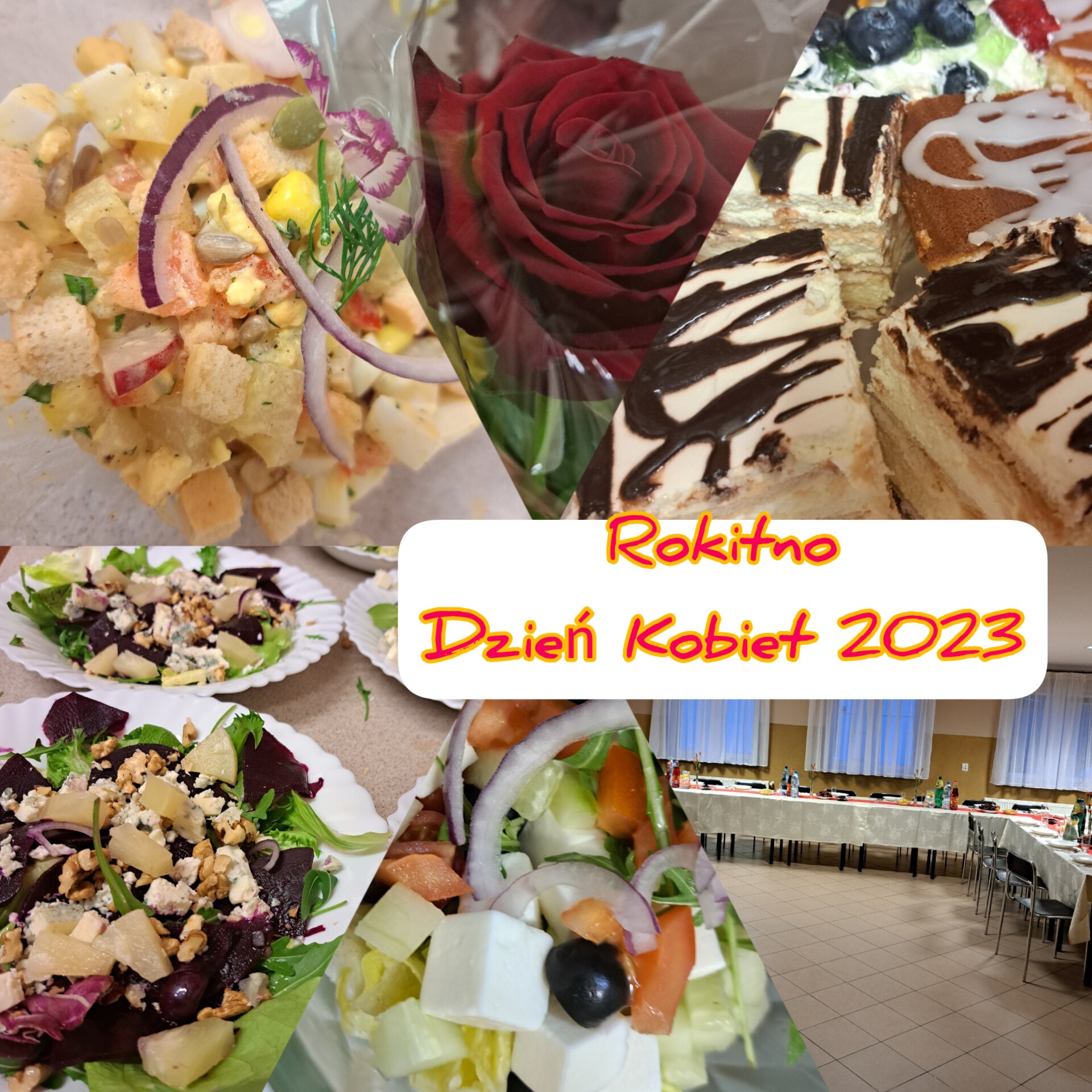 Kolaż z potraw: sałatka ziemniaczana z grzankami i czerwoną cebulą, sałatka z buraków i sera pleśniowego, sałatka grecka, torty przekładane oraz czerwona róża, dekoracja stołu na Dzień Kobiet...