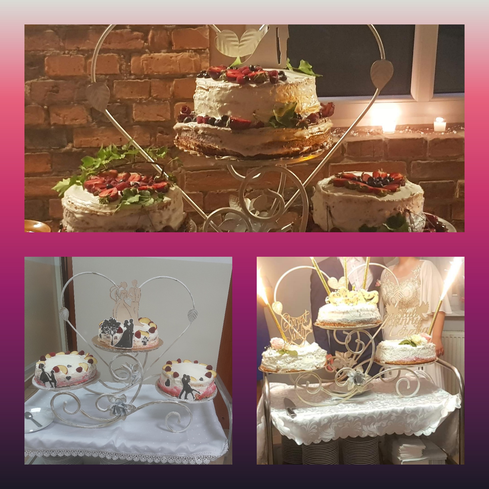 Trzy torty na metalowym stojaku w kształcie serca, udekorowane owocami i zielonymi listkami, ustawione na tle ceglanej ściany i świec