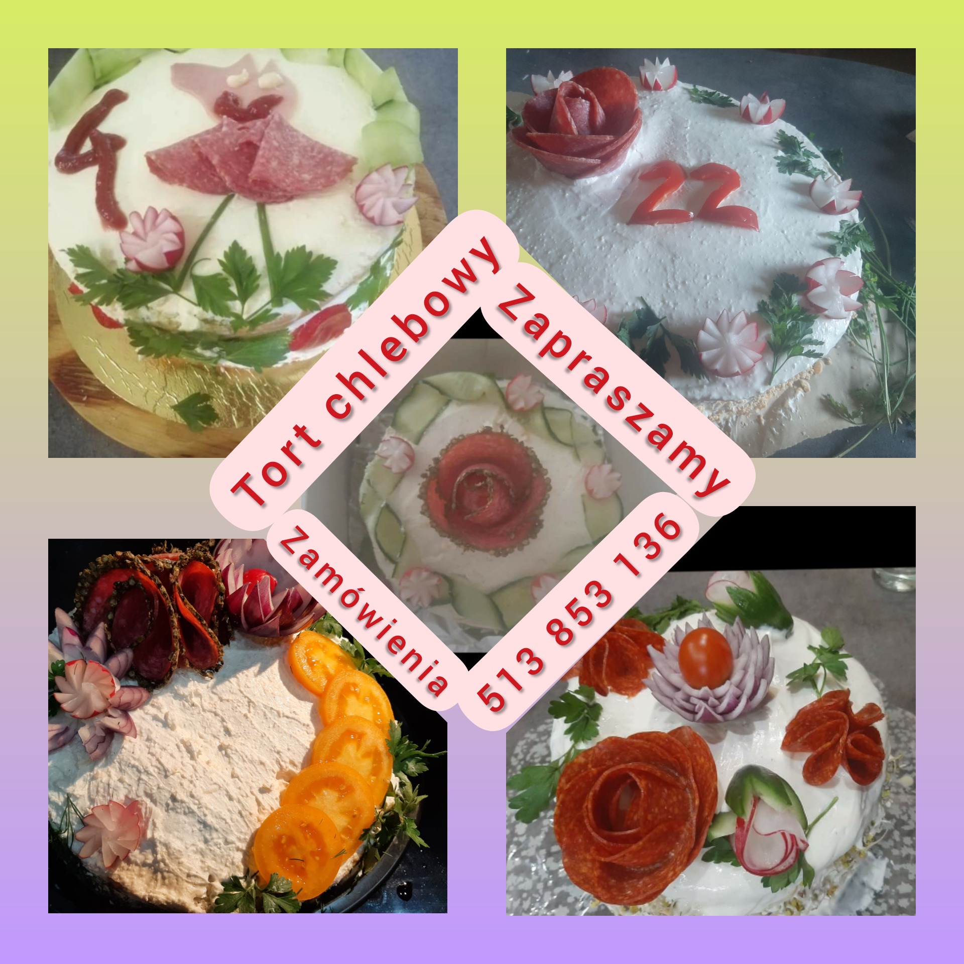 Kompozycja czterech zdjęć tortów chlebowych, każdy z unikalną dekoracją z wędlin, warzyw i ziół, ułożonych w kwiatowe i figuralne wzory, z napisem 'Tort chlebowy Zamówienia 513 853 136 Zapraszamy'...