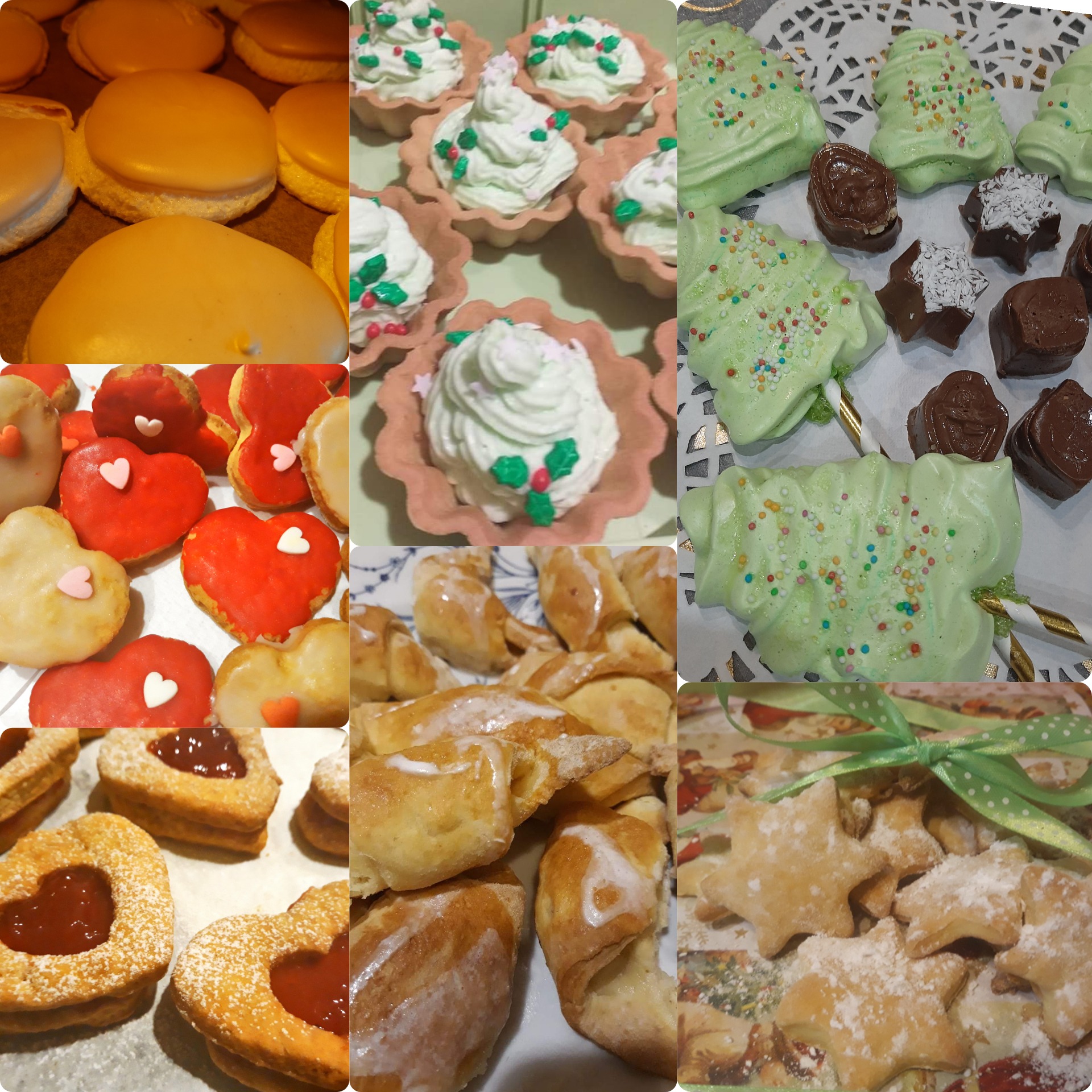 Kolaż świątecznych wypieków: lukrowane ciasteczka serca z dżemem, bezy choinki z posypką, tartaletki z kremem i gwiazdkami, rogale z lukrem oraz gwiazdy posypane cukrem pudrem.