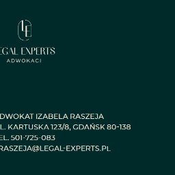 Kancelaria Adwokacka adwokat Izabela Raszeja - Wizytówka adwokacka Legal Experts z Gdańska, z danymi kontaktowymi adwokat Izabeli Raszei na ciemnozielonym tle i minimalistycznym logo.