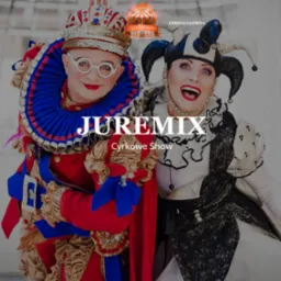 Strona internetowa cyrku: Dwóch artystów cyrkowych w kostiumach, król w koronie i błazen w czarno-białym stroju, uśmiechnięci na tle strony internetowej z logo i nazwą 'JUREMIX Cyrkowe Show'.