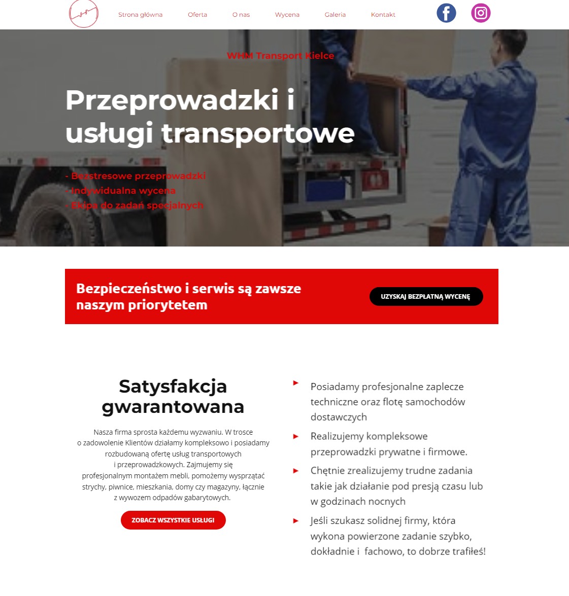 Strona internetowa firmy przeprowadzkowej z Kielc, prezentująca hasła 'Przeprowadzki i usługi transportowe' oraz listę korzyści dla klienta.