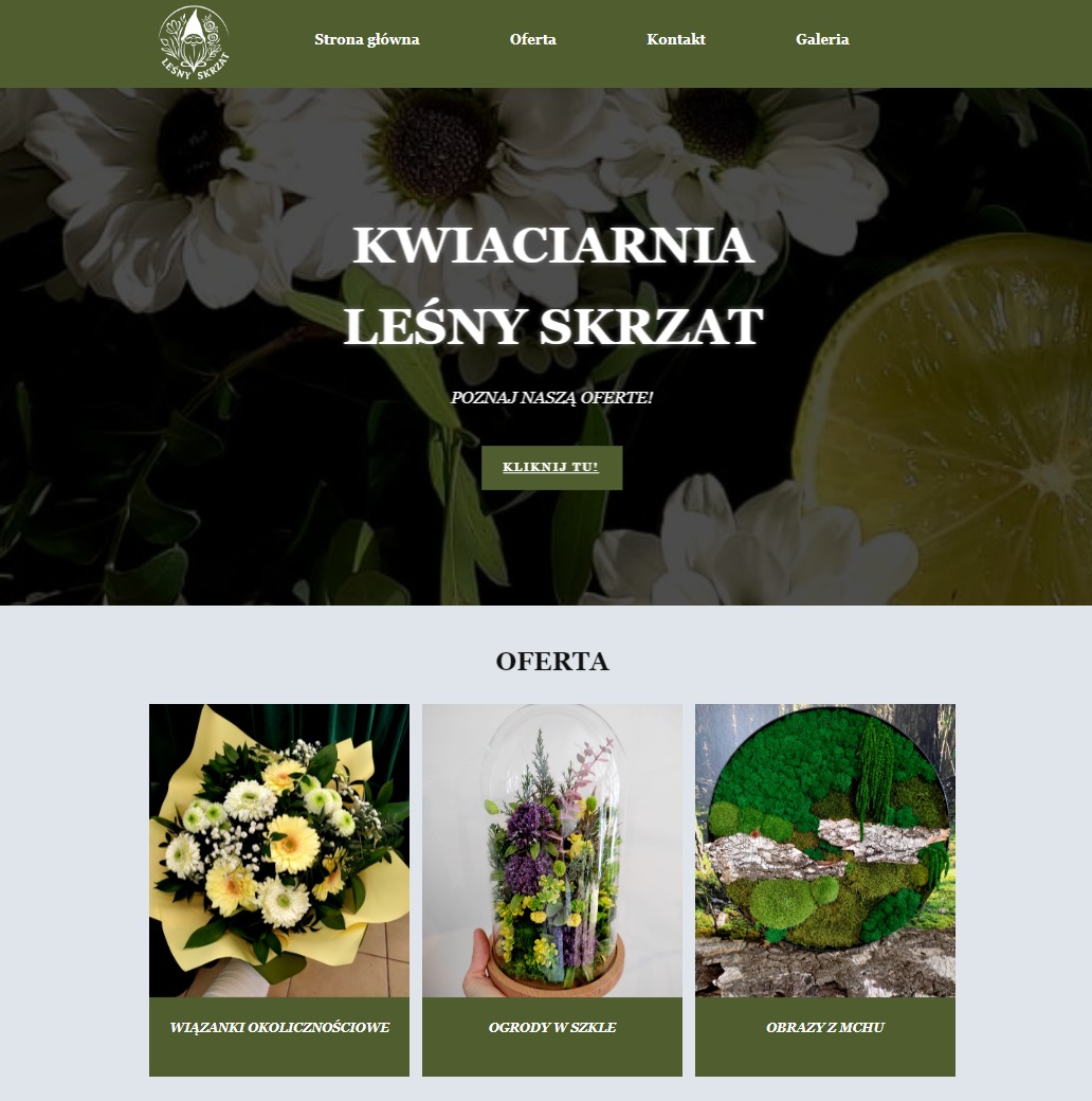 Strona internetowa kwiaciarni Leśny Skrzat Lubliniec prezentująca ofertę: wiązanki okolicznościowe, ogrody w szkle i obrazy z mchu.
