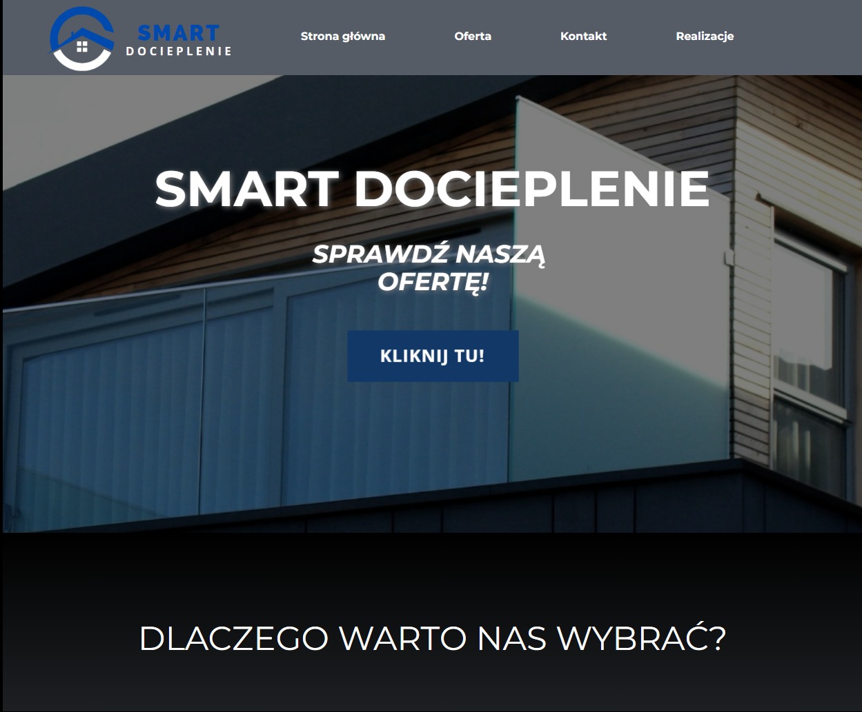 Fragment strony internetowej firmy Smart Docieplenie prezentujący realizację docieplenia elewacji budynku.