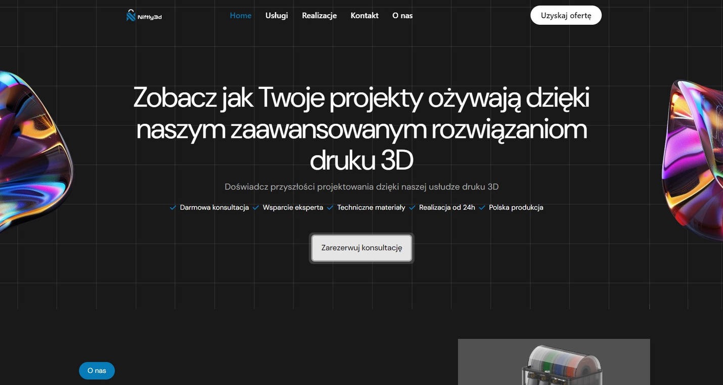 Strona internetowa firmy oferującej drukowanie 3D z hasłem 'Zobacz jak Twoje projekty ożywają dzięki naszym zaawansowanym rozwiązaniom druku 3D'.