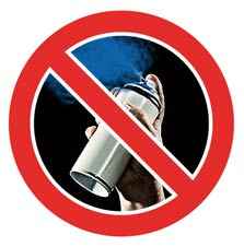 Symbol zakazu używania sprayu z niebieską mgiełką, ochrona przed graffiti.