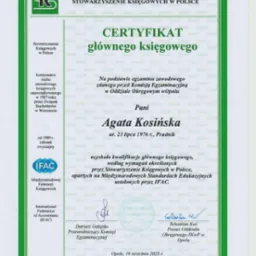 Certyfikat głównego księgowego wydany przez Stowarzyszenie Księgowych w Polsce dla Agaty Kosińskiej, z datą 16 września 2023 r. i numerem rejestru.