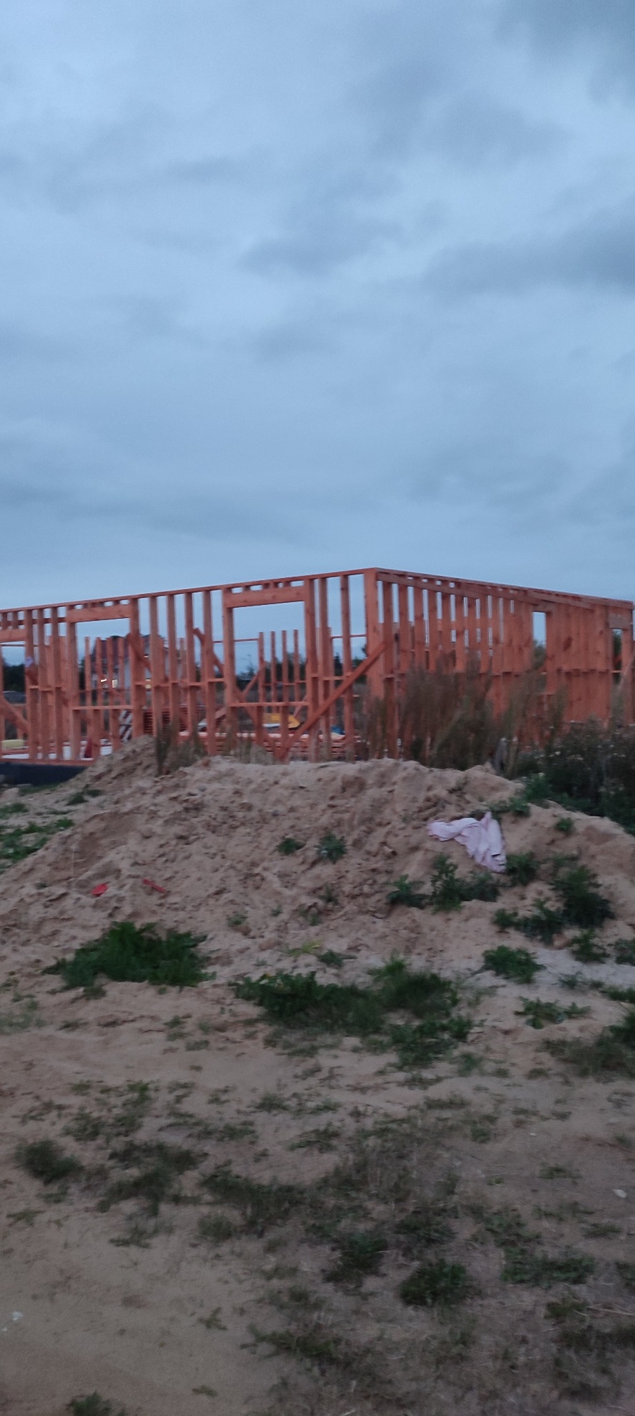 Konstrukcja domu szkieletowego w trakcie budowy, widoczne drewniane ramy ścian na tle pochmurnego nieba. W tle roślinność i ziemia.