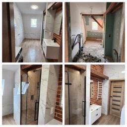 Mar-Maks - Kolaż czterech zdjęć przedstawiających remont łazienki na poddaszu: stan początkowy z odsłoniętymi instalacjami, surowymi ścianami i gruzem; etap montażu płyt kartonowo-gipsowych; oraz efekt...