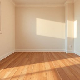 MYSZ-BUD - Jasne, puste wnętrze z drewnianą podłogą i kremowymi ścianami, oświetlone popołudniowym słońcem wpadającym przez okno. Widoczna listwa przypodłogowa i gniazdko.