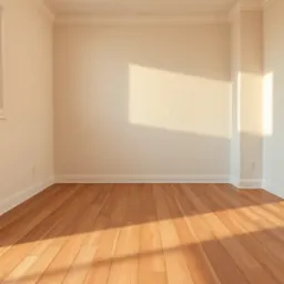 Jasne, puste wnętrze z drewnianą podłogą i kremowymi ścianami, oświetlone popołudniowym słońcem wpadającym przez okno. Widoczna listwa przypodłogowa i gniazdko.