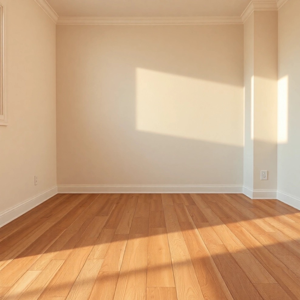 Jasne, puste wnętrze z drewnianą podłogą i kremowymi ścianami, oświetlone popołudniowym słońcem wpadającym przez okno. Widoczna listwa przypodłogowa i gniazdko.