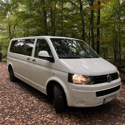 TRAVELSEO MARTA MATERNE - Biały bus Volkswagen Transporter zaparkowany na leśnej drodze pokrytej opadłymi liśćmi, widoczny numer rejestracyjny SC1 72260.