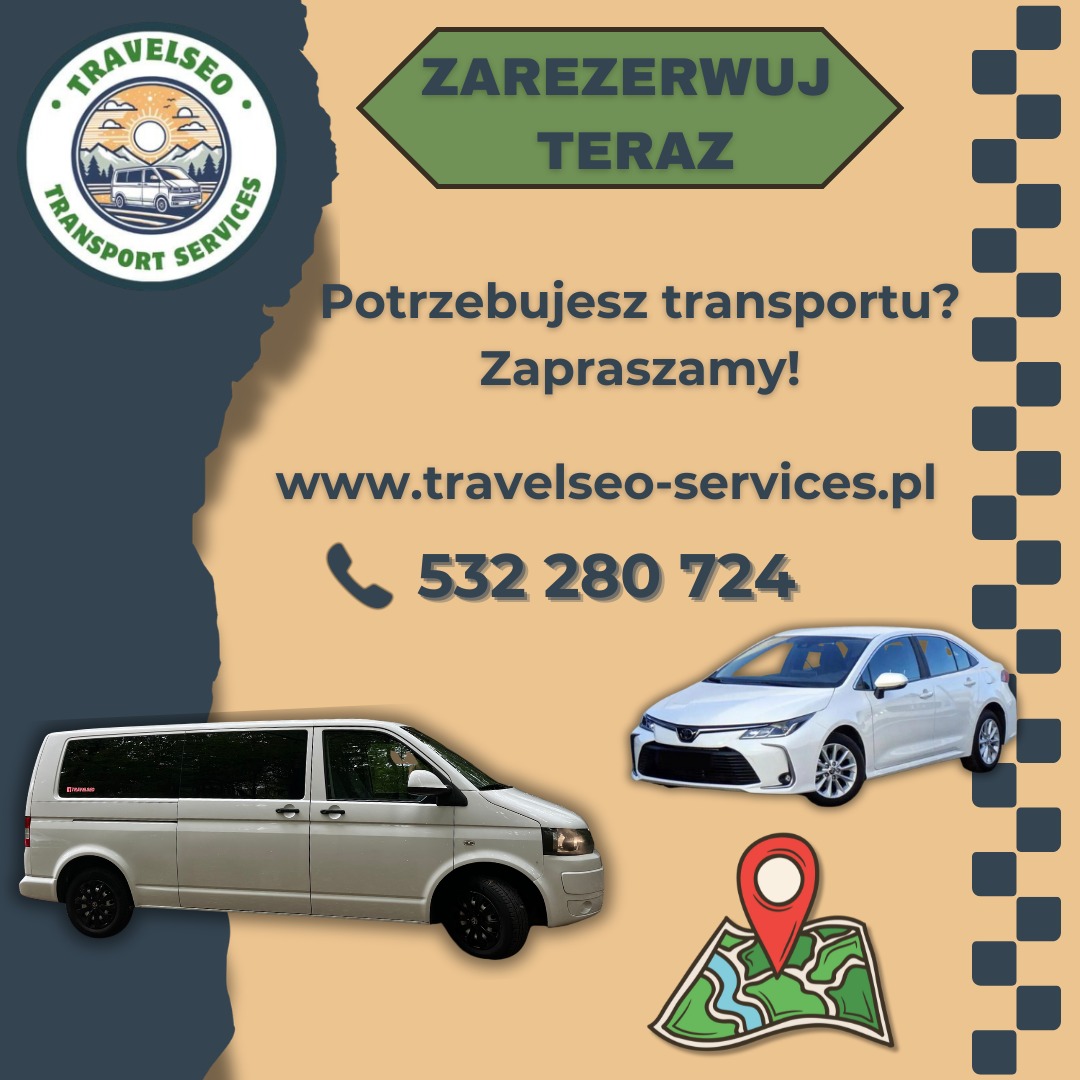Grafika reklamowa firmy transportowej Travelseo Services, prezentująca biały bus Volkswagen Transporter i białą Toyotę Corollę, z hasłem 'Zarezerwuj Teraz', adresem strony internetowej i numerem...