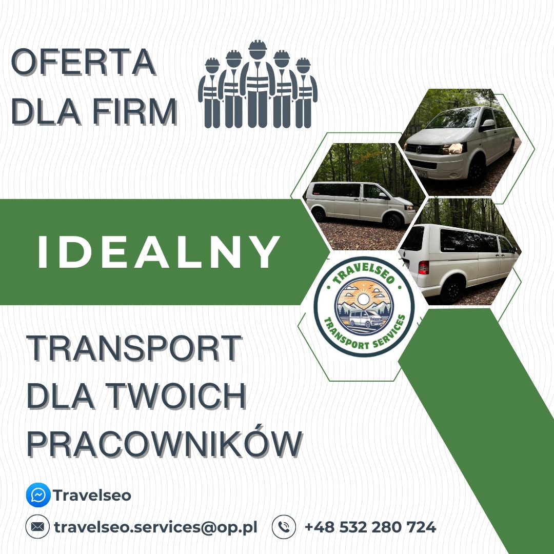 Grafika reklamowa oferty transportu dla firm, prezentująca białe busy w leśnym otoczeniu i logo firmy Travelseo z danymi kontaktowymi.