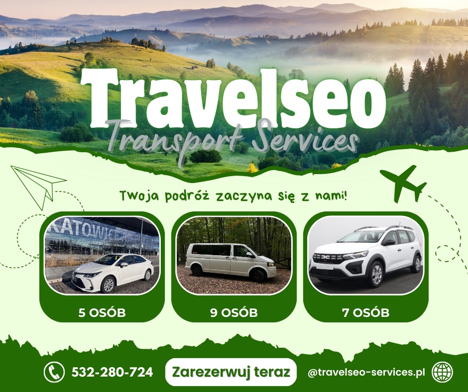 Grafika reklamowa firmy transportowej Travelseo z trzema zdjęciami pojazdów: biały samochód osobowy przed lotniskiem w Katowicach dla 5 osób, biały bus dla 9 osób na tle lasu oraz biały SUV dla 7...