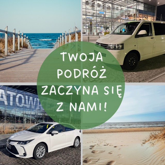 Kolaż z czterech zdjęć: drewniana kładka prowadząca na plażę, biały van zaparkowany przed szklanym budynkiem, biała Toyota Corolla przed budynkiem z napisem KATOWICE, plaża z odciskami stóp,...